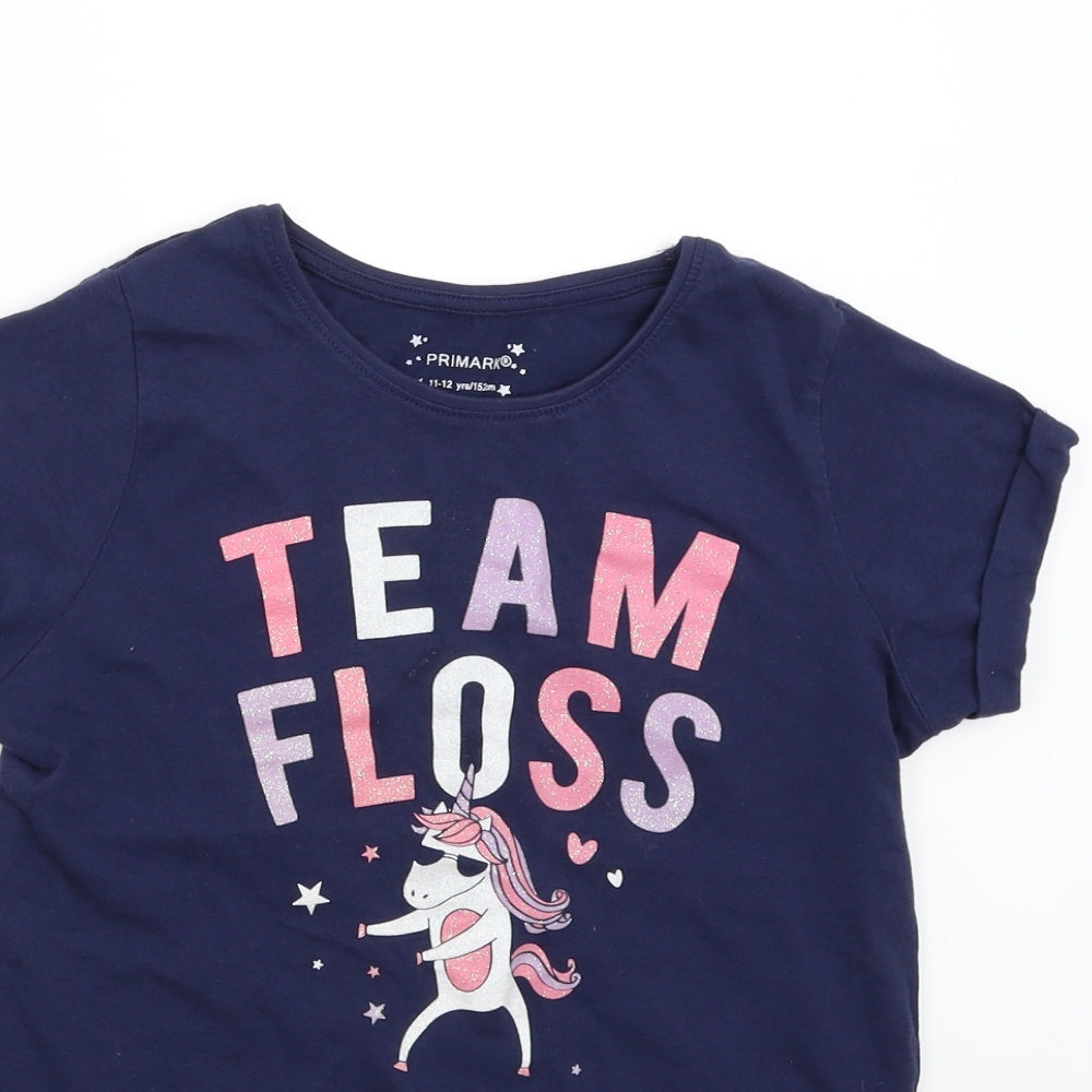 Primark Girls Blue   Basic T-Shirt Size 11-12 Years  - Team Floss Unicorn
