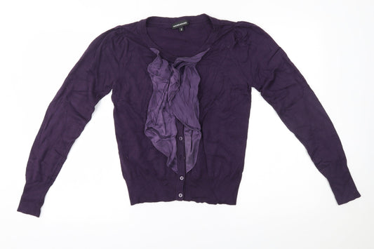 Warehouse Womens Purple   Cardigan Jumper Size 14  - silk ruffle trim