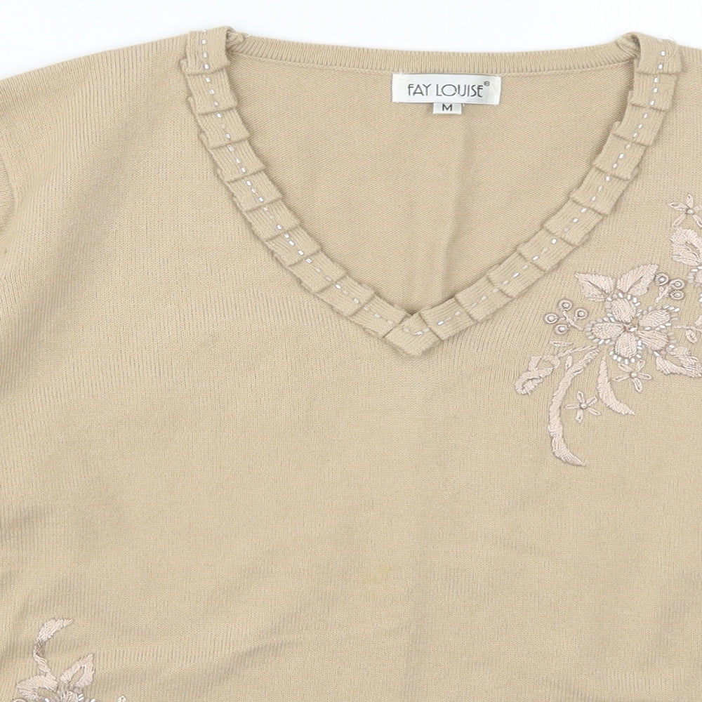 Fay Louise Womens Beige  Knit Pullover Jumper Size M  - Floral Embroidery