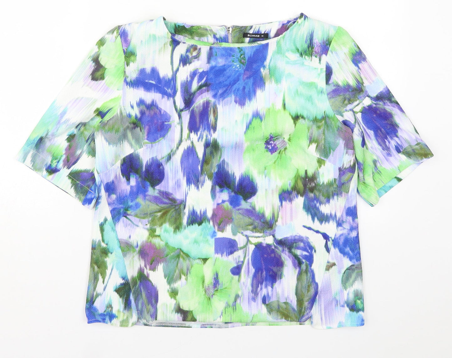 Roman Womens Blue Floral  Basic T-Shirt Size 10  - Green