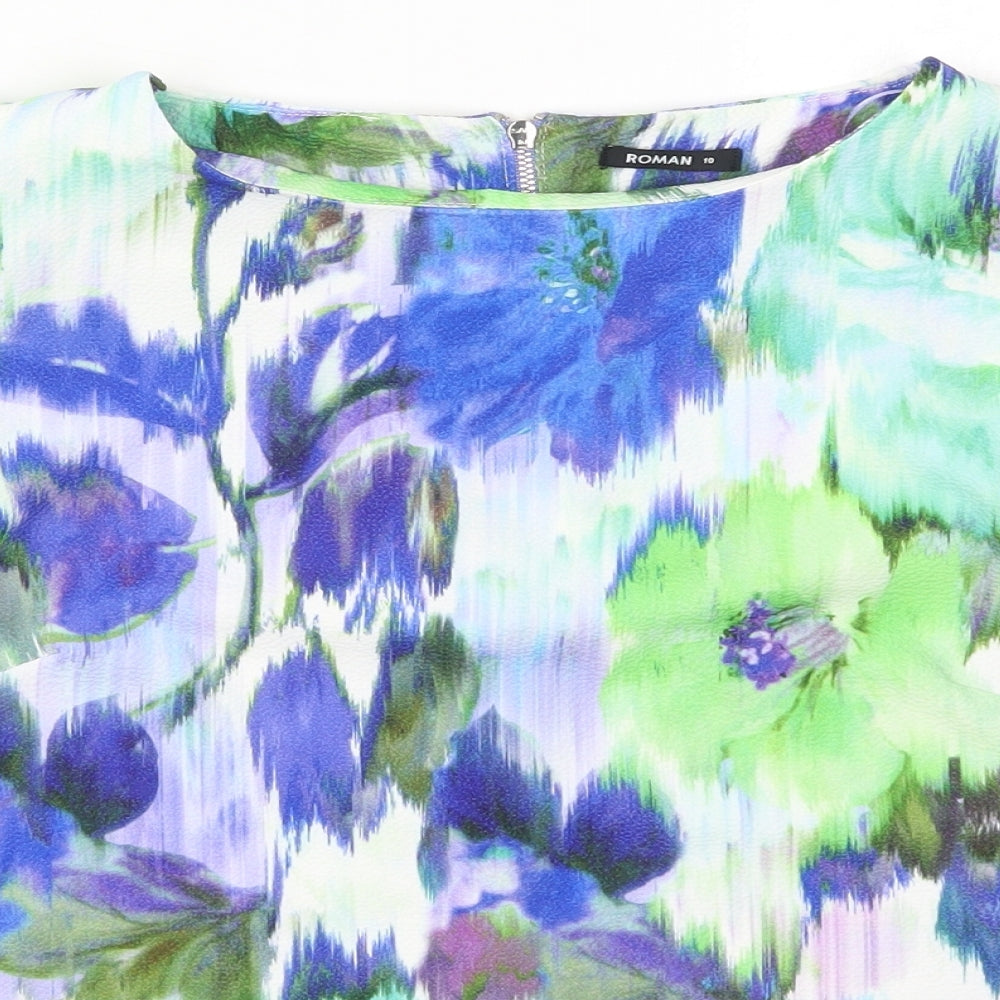 Roman Womens Blue Floral  Basic T-Shirt Size 10  - Green