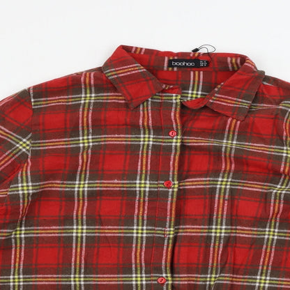 Preloved Boohoo  Womens Red Check  Basic Button-Up Size 10 - Detail