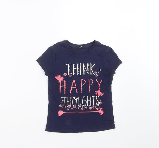 George Girls Blue   Basic T-Shirt Size 5-6 Years  - happy thoughts