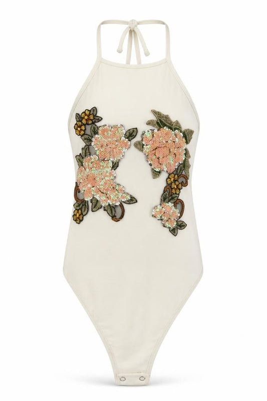 PRETTYLITTLETHING Womens White Floral  Bodysuit One-Piece Size 4