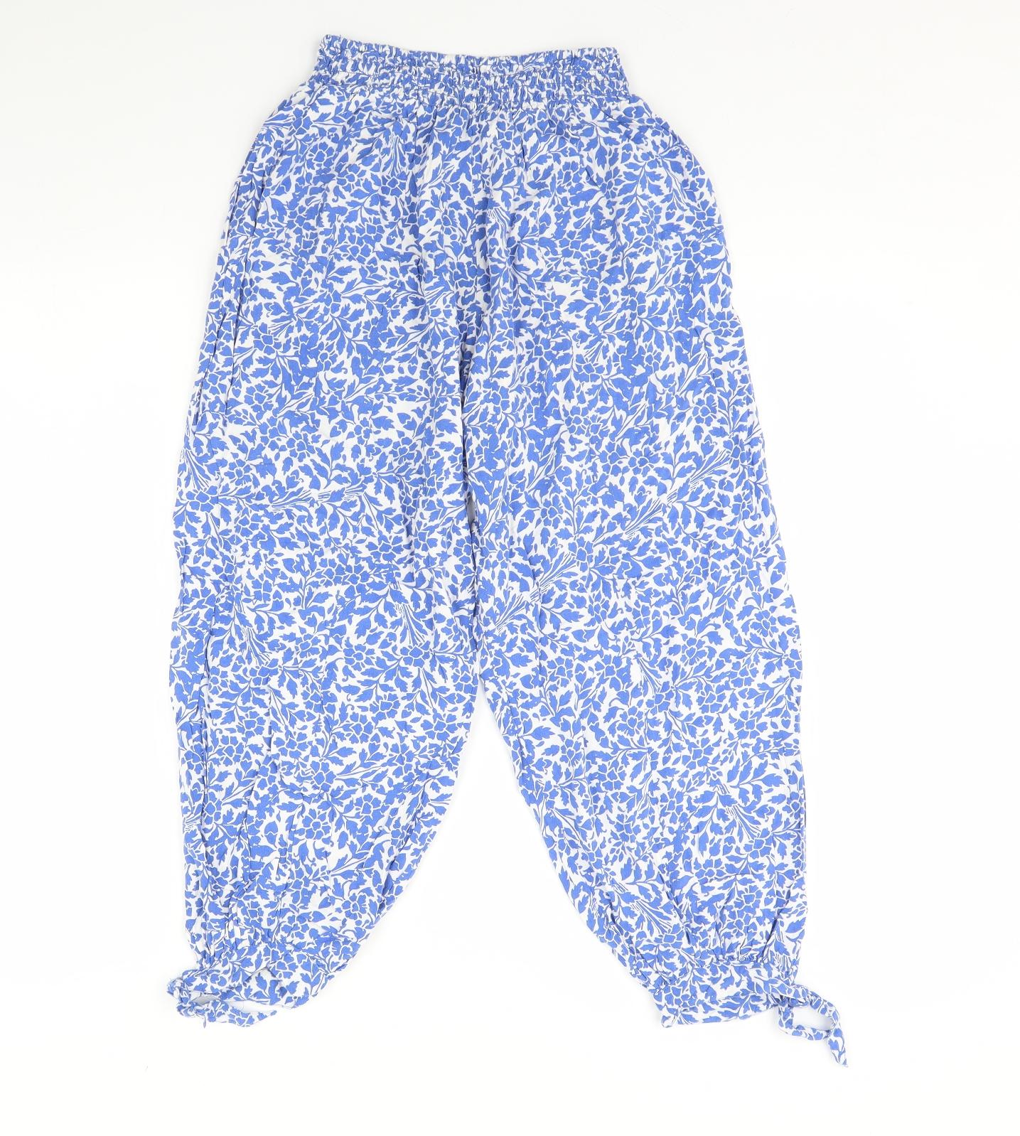 M&s Womens Blue Floral  Trousers  Size S L26 in