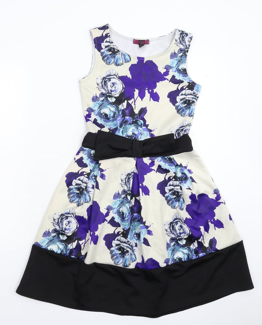 Missi London Womens White Floral  Fit & Flare  Size 8