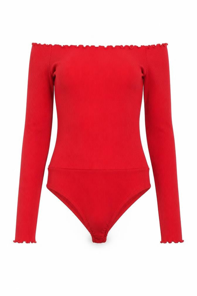 PRETTYLITTLETHING Womens Red   Bodysuit One-Piece Size 4  - Lettuce Edging