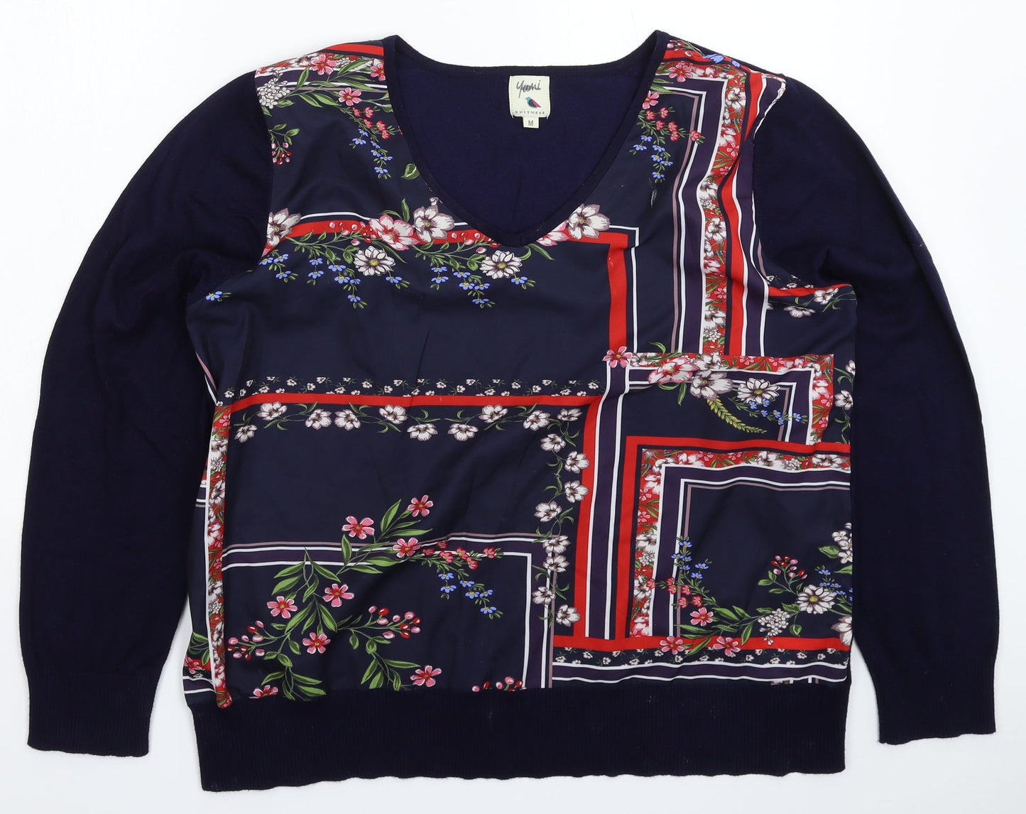 Yumi Womens Blue Floral Knit Pullover Jumper Size M  - Oversized