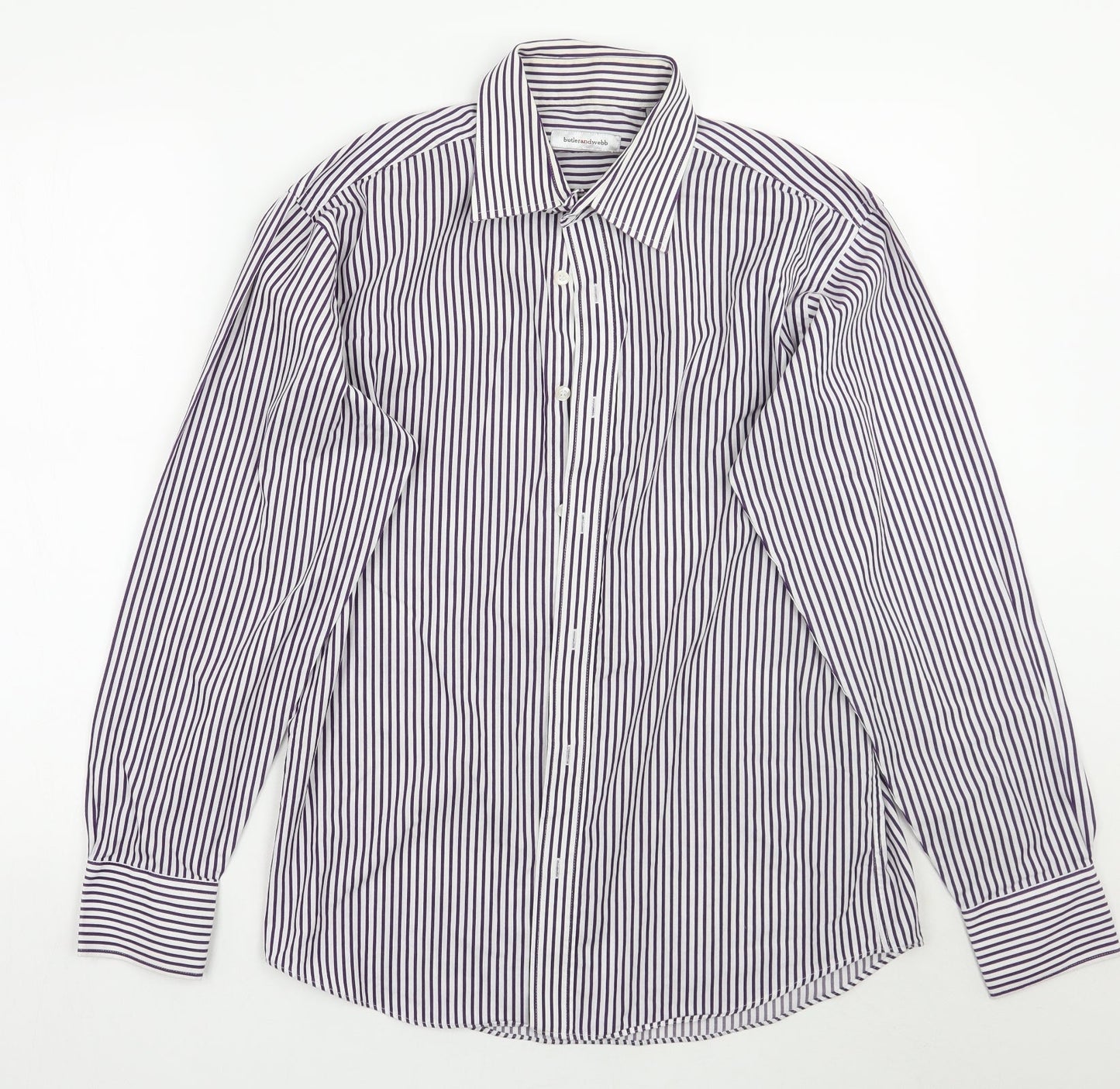 Butler and webb Mens White Striped Rayon  Button-Up Size 15.5