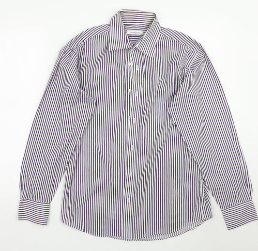 Butler and webb Mens White Striped Rayon  Button-Up Size 15.5