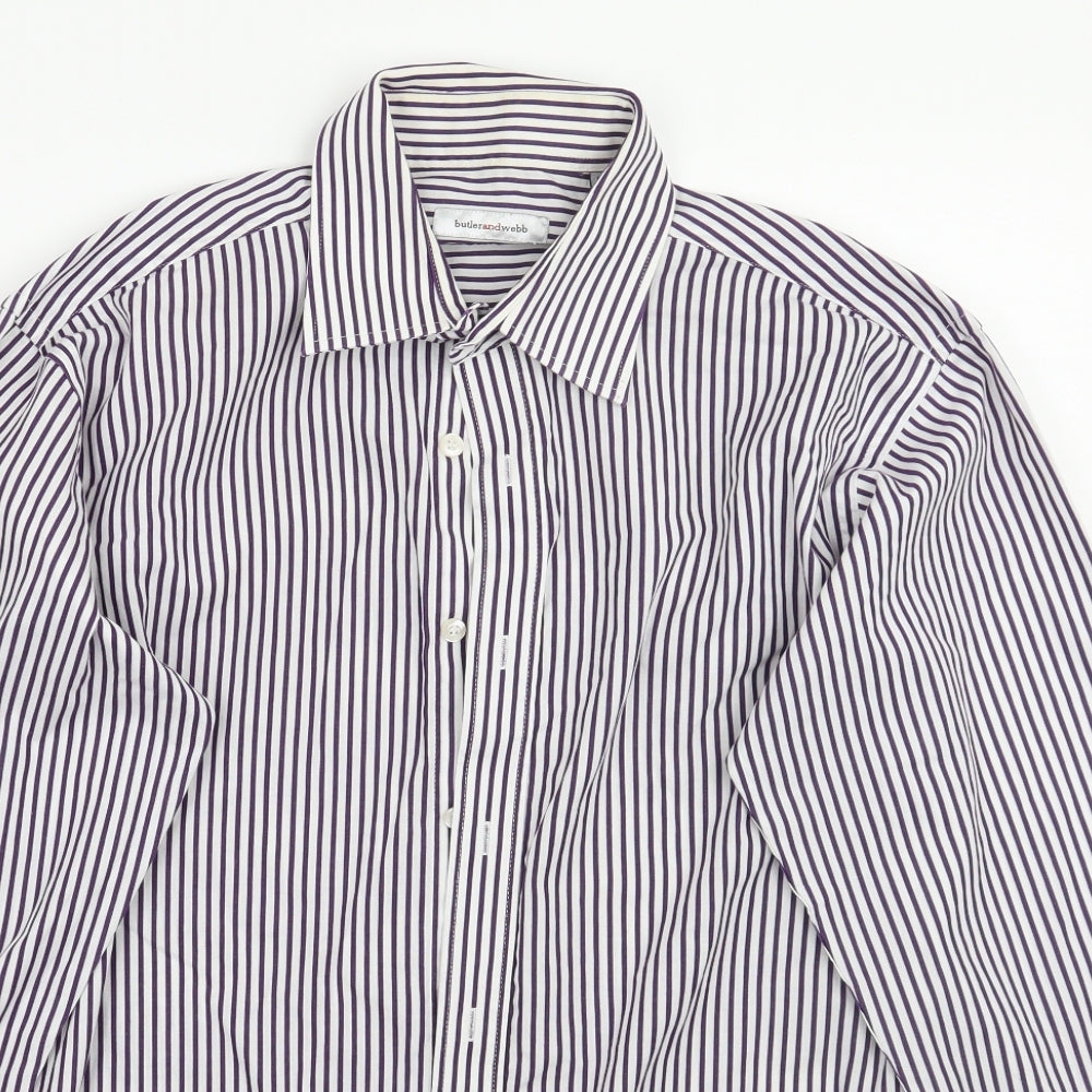 Butler and webb Mens White Striped Rayon  Button-Up Size 15.5
