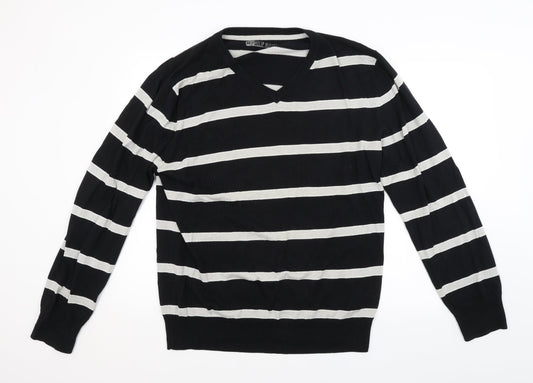 PHILLIP RUSSEL Mens Black Striped  Pullover Jumper Size 2XL