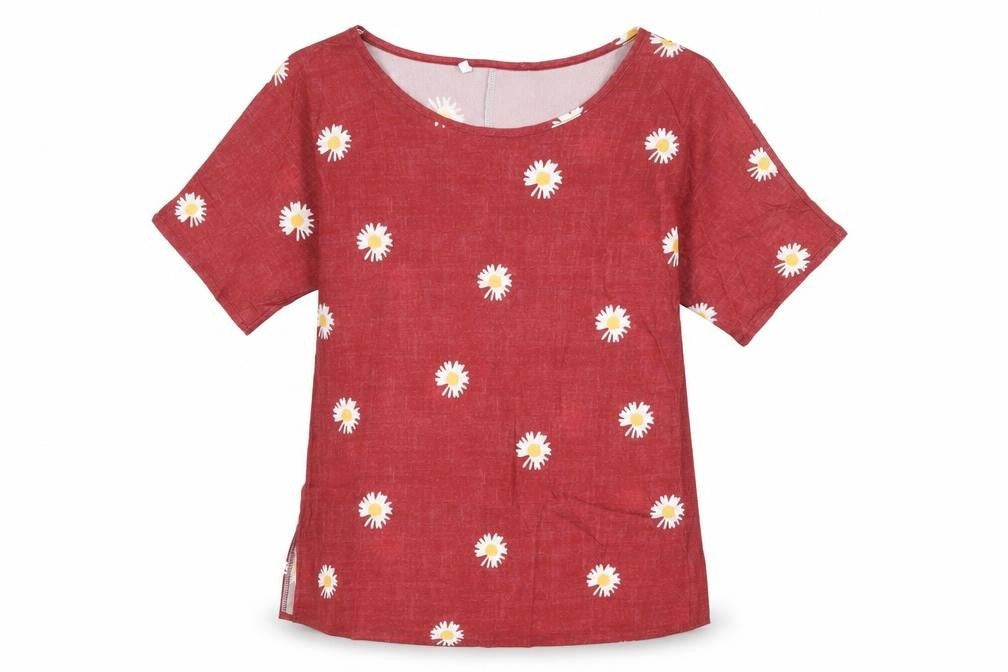Preworn Womens Red Floral  Basic T-Shirt Size S