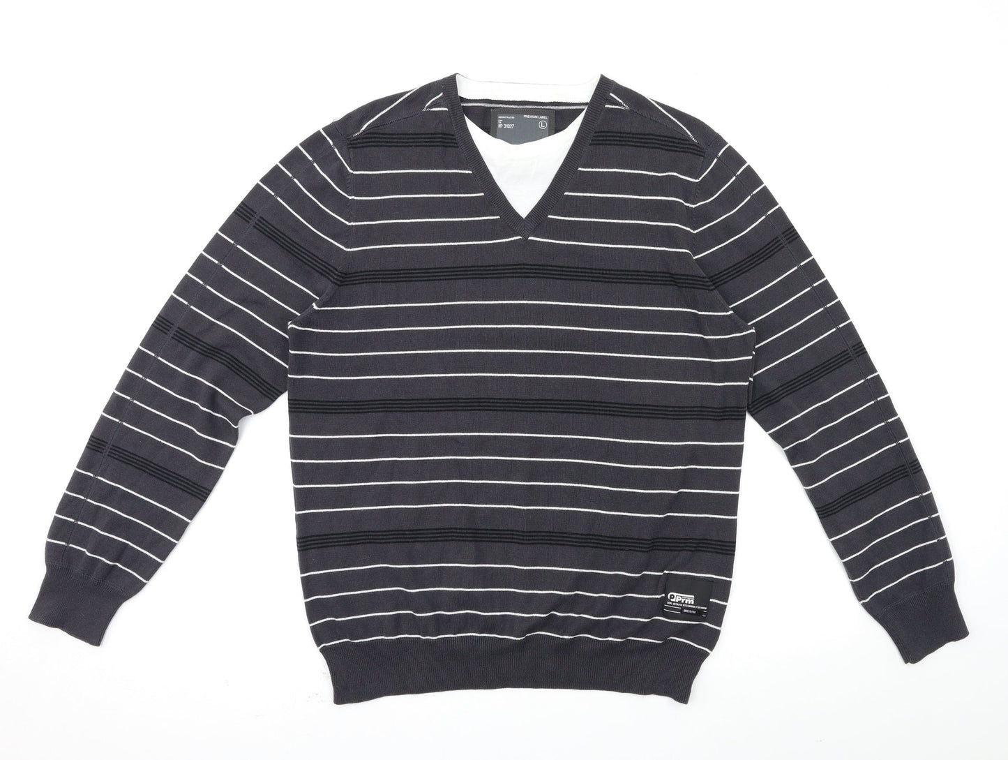premium label Mens Grey Striped  Pullover Jumper Size L