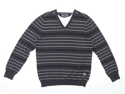 premium label Mens Grey Striped  Pullover Jumper Size L