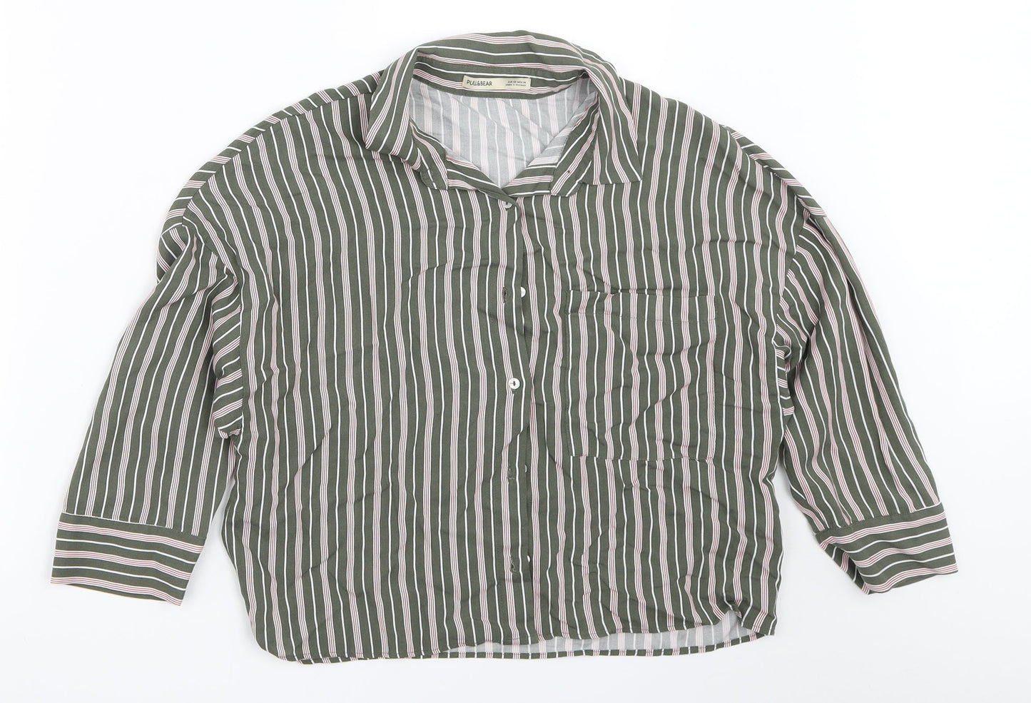 Pull&Bear Womens Green Striped  Basic Button-Up Size XS