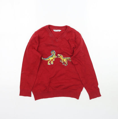 Preloved F&F Boys Red  Knit Pullover Jumper Size 7-8 Years  - School Dinosaur - Front