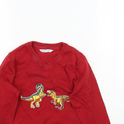 Preloved F&F Boys Red  Knit Pullover Jumper Size 7-8 Years  - School Dinosaur - Detail