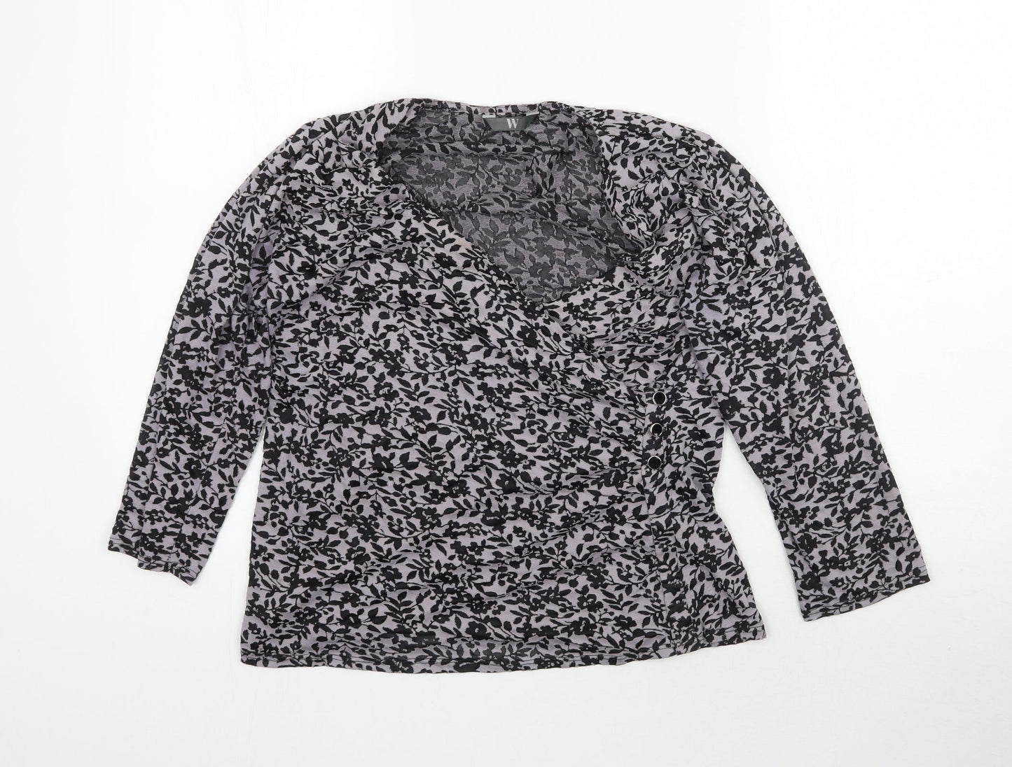 W Womens Grey Floral  Wrap Blouse Size L