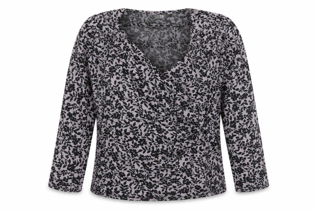 W Womens Grey Floral  Wrap Blouse Size L