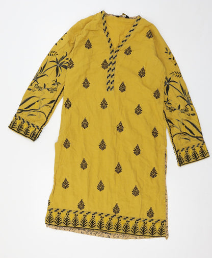 Preloved Jacquard Womens Yellow Geometric  Basic Blouse Size S - Front
