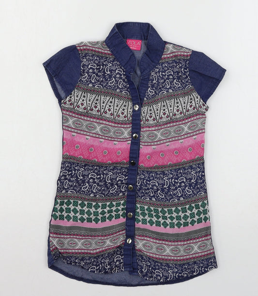 Zola Girls Blue Geometric  Basic Button-Up Size S