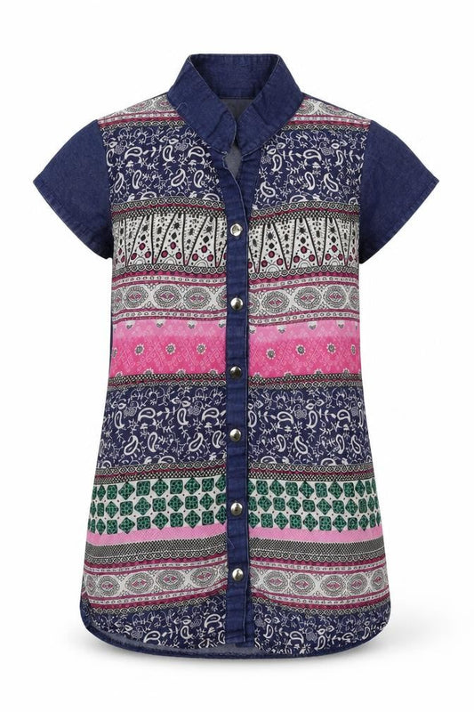 Zola Girls Blue Geometric  Basic Button-Up Size S