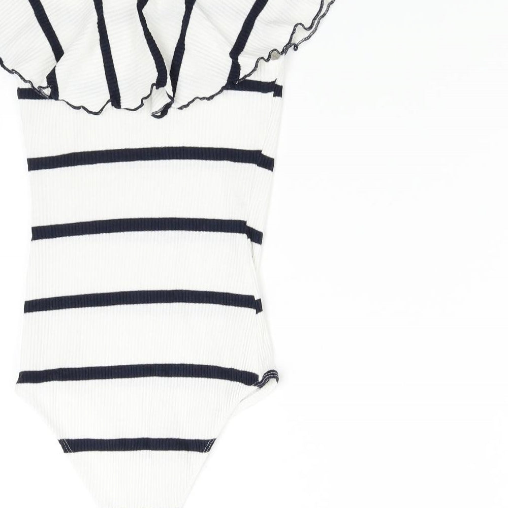 Bershka Womens White Striped  Bodysuit One-Piece Size S