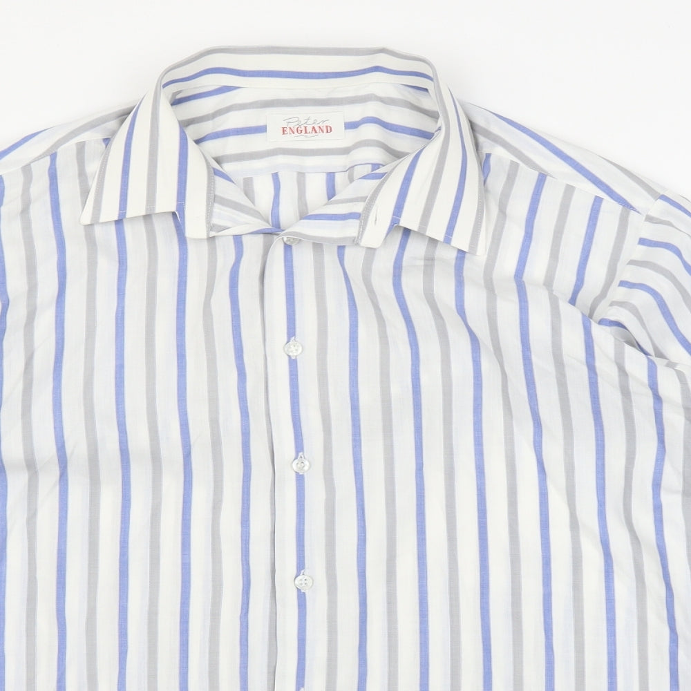 Peter England Mens White Striped   Button-Up Size L