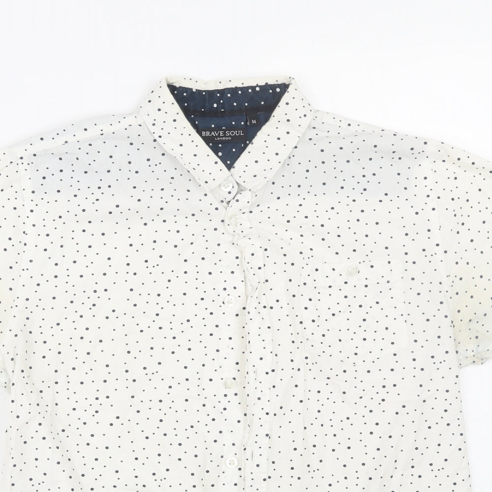 Brave Soul Mens White Polka Dot   Button-Up Size M