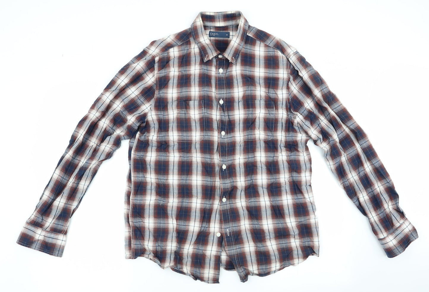 Easy Mens Brown Check   Button-Up Size M  - Button Collar Blue Brown Check
