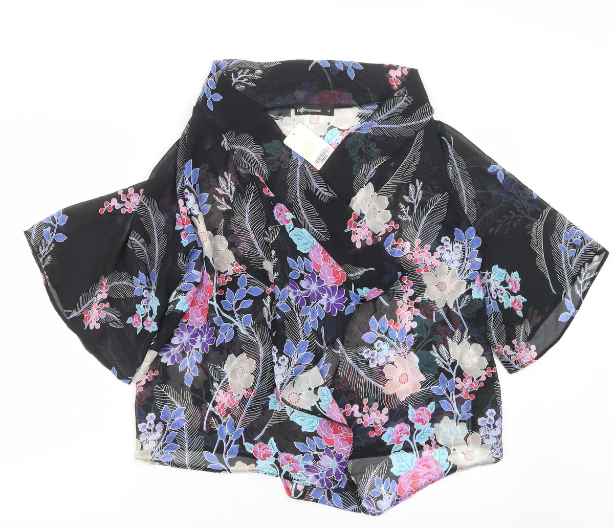 Internacionale Womens Black Floral  Kimono Jacket Size 12