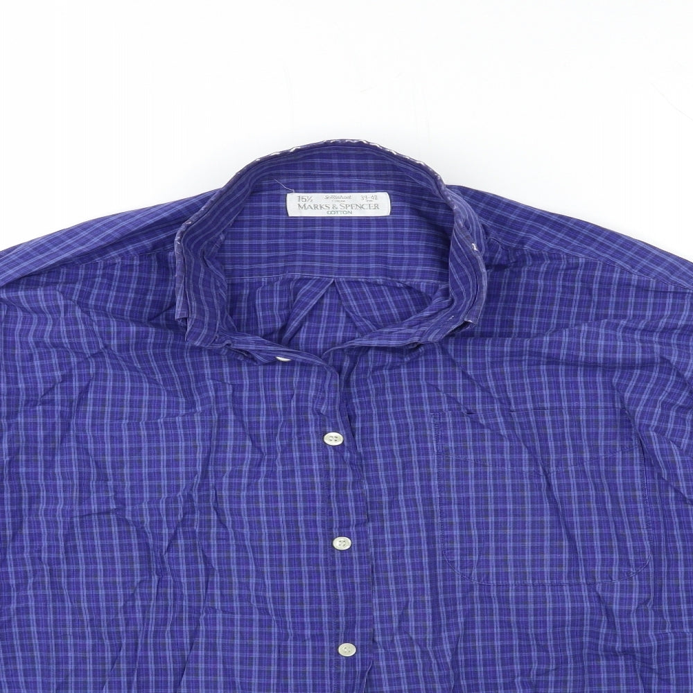 Marks and Spencer Mens Blue Check   Button-Up Size 15.5