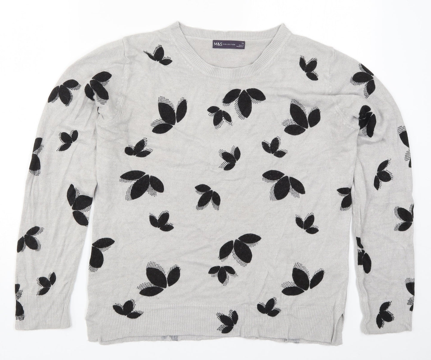 Marks and Spencer Womens Grey Floral Knit Pullover Jumper Size 12  - Leaf Print