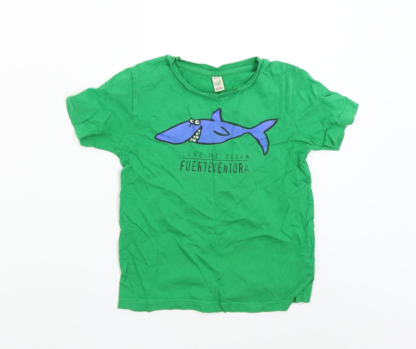 Earth Positive Boys Green   Basic T-Shirt Size 5-6 Years  - Save the Ocean Fuerteventura Shark