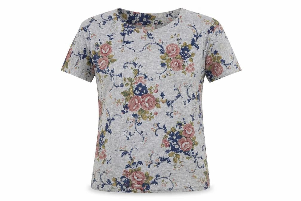 Patchwork Womens Grey Floral  Basic T-Shirt Size M