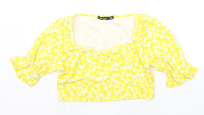 Preloved Boohoo Womens Yellow Floral  Basic T-Shirt Size 10 - Front