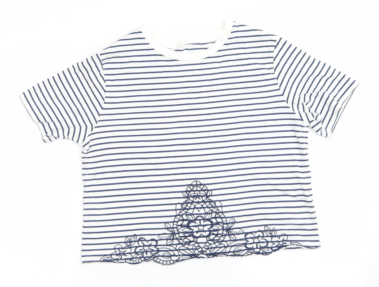 Miss Selfridge Womens Blue Striped  Tunic T-Shirt Size 10  - Flower Cut Out detail to front