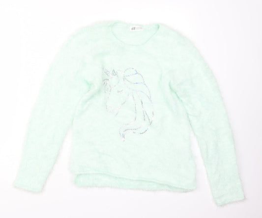 H&M Girls Green  Knit Pullover Jumper Size 11-12 Years  - Unicorn