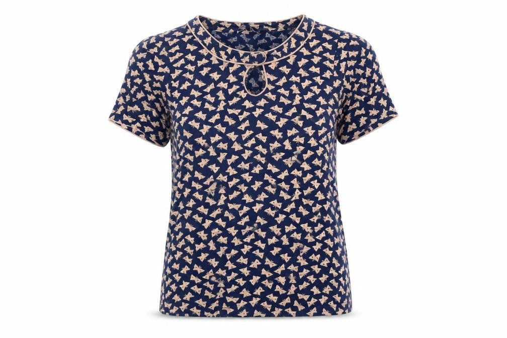 French Connection Womens Blue Geometric  Basic T-Shirt Size L  - BUTTERFLY