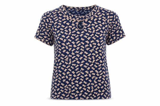 French Connection Womens Blue Geometric  Basic T-Shirt Size L  - BUTTERFLY
