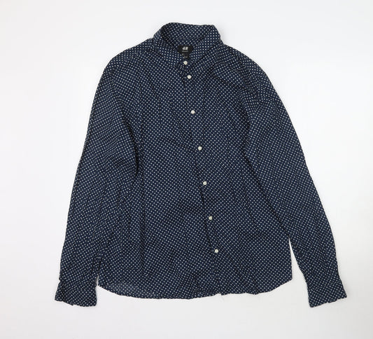 H&M Mens Blue Polka Dot   Button-Up Size L