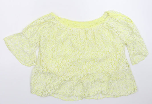 Preworn Womens Yellow Floral Lace Basic Blouse Size 8