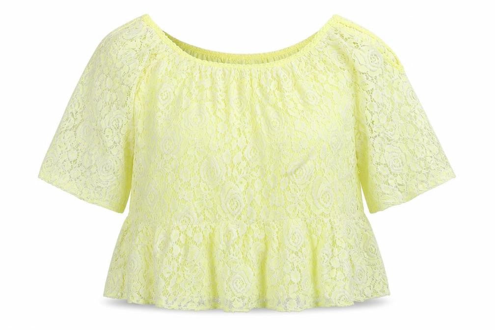 Preworn Womens Yellow Floral Lace Basic Blouse Size 8