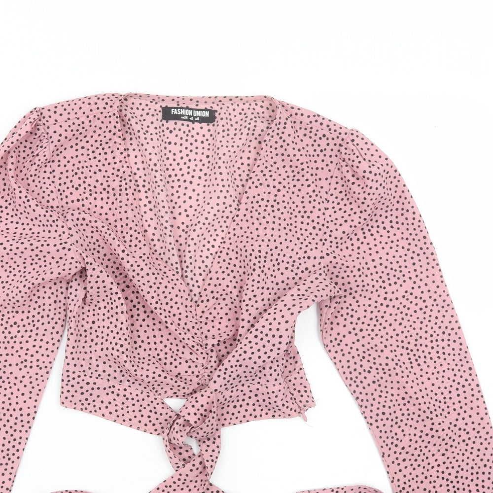 Fashion Union Womens Pink Polka Dot  Cropped T-Shirt Size 6