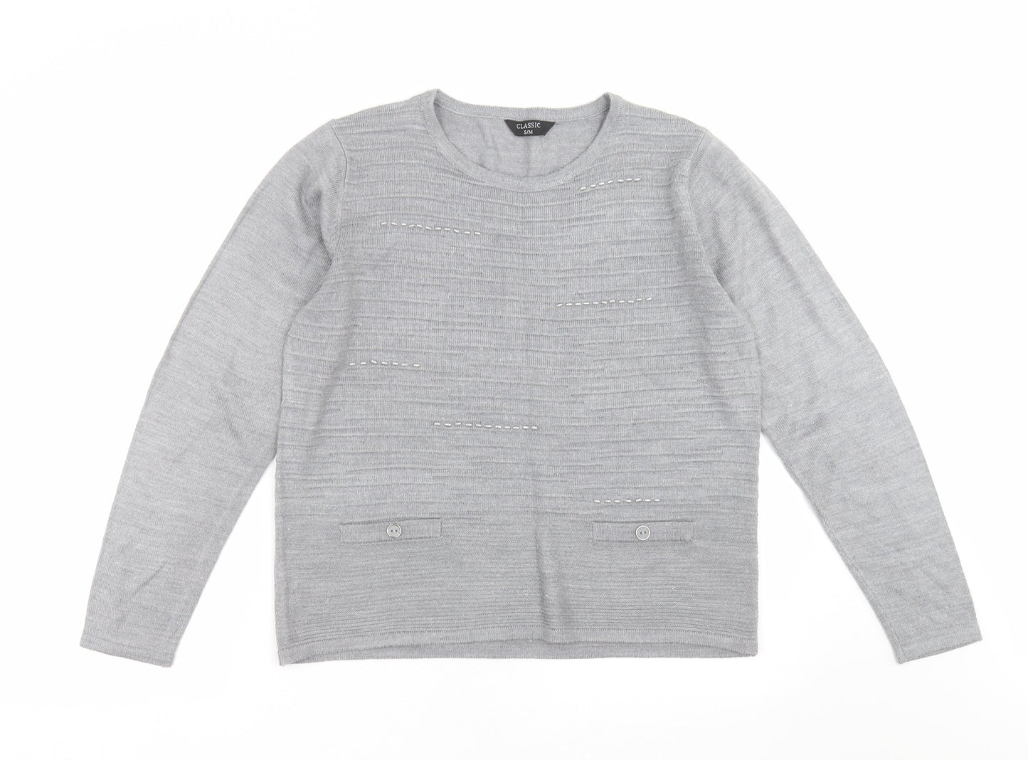 Classic Womens Grey Striped Knit Pullover Jumper Size S  - beaded
