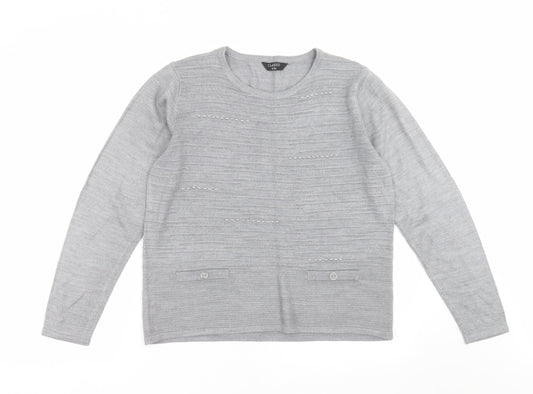 Classic Womens Grey Striped Knit Pullover Jumper Size S  - beaded