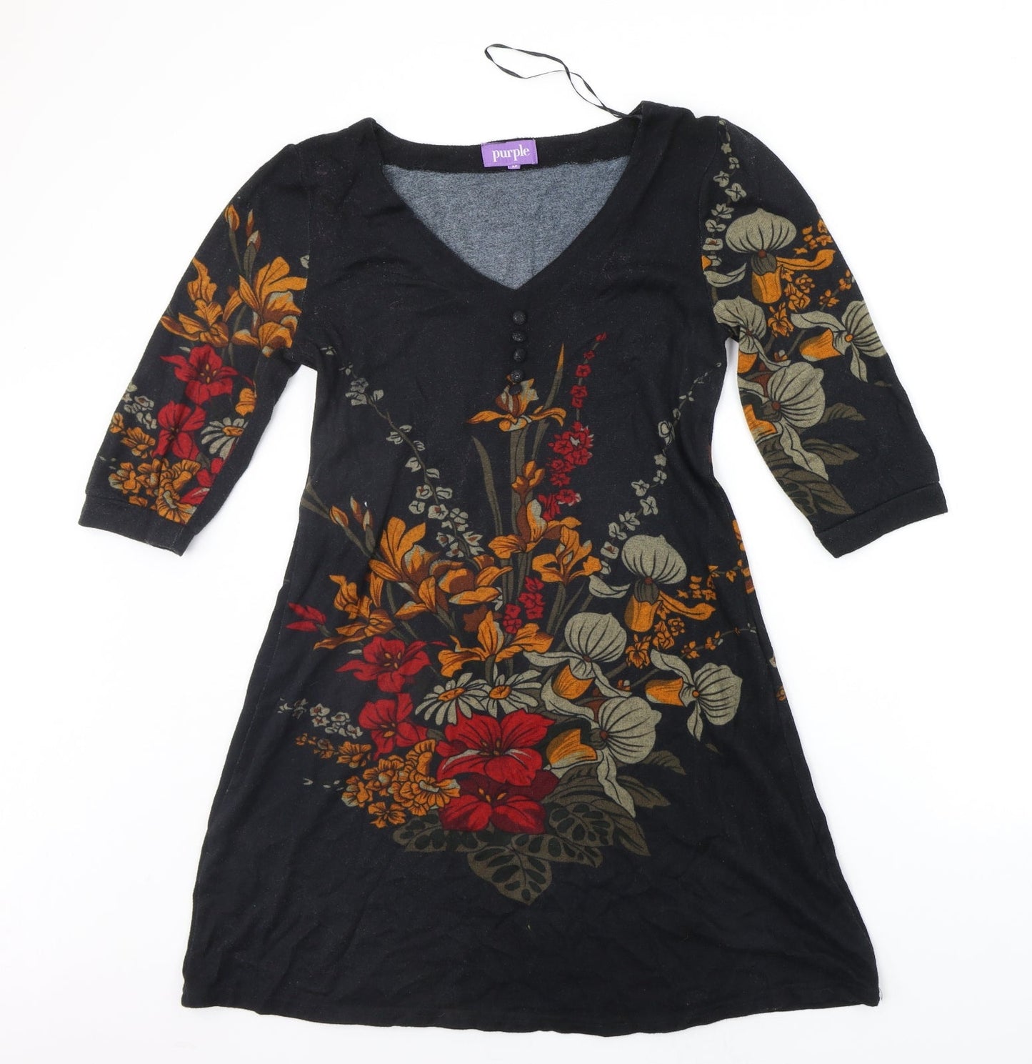 Purple Womens Black Floral  A-Line  Size M