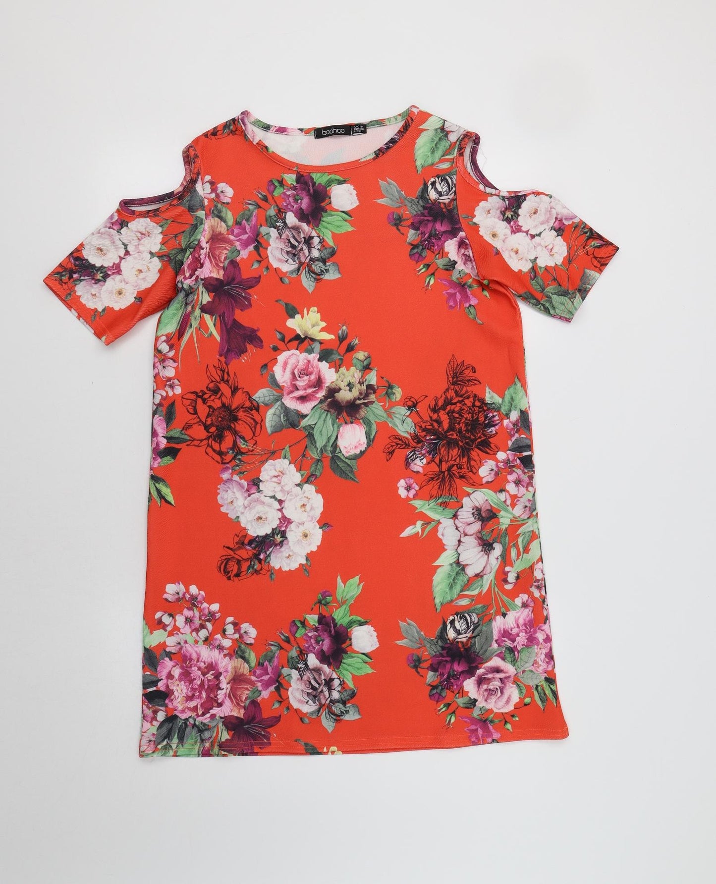 Boohoo Womens Red Floral  Sheath  Size 10  - Cold Shoulder