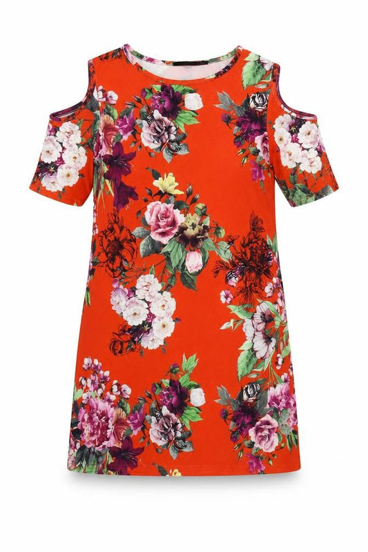 Boohoo Womens Red Floral  Sheath  Size 10  - Cold Shoulder